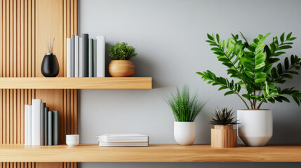 Wall Mural - A wooden shelf holding green potted plants and books, creating a minimalist and elegant display in a home setting.