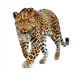 A leopard is walking on a white background