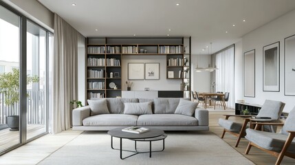 Wall Mural - Modern Living Room with Grey Sofa and Bookshelf