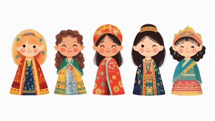 A group of five cartoon girls are wearing colorful clothing and smiling