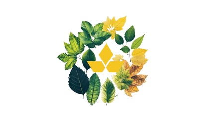 Fototapete - A circle of leaves with a yellow and white logo in the center