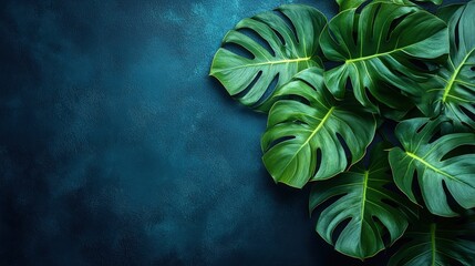 Tropical monstera leaves on a dark blue background with copy space.