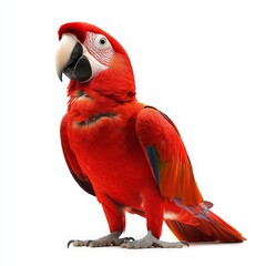 A red and blue parrot is standing on a white background