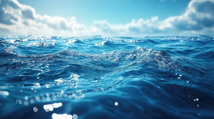 A serene ocean scene with a clear blue sky and fluffy clouds. The water is a beautiful deep blue and the waves are gently rolling.