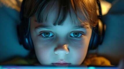 A close-up image of a young child, intensely focused on a screen, wearing headphones. The dim lighting highlights their eyes, capturing the theme of modern childhood and digital engagement.