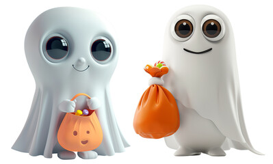 set of cute little white ghost holding treat or trick candy. 3D cartoon animation style.