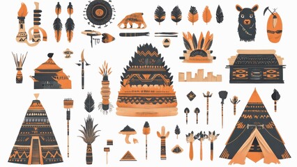 Poster - A collection of drawings of Native American items, including a bear, a teepee