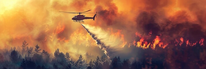 Canvas Print - Helicopter combatting a wildfire by dropping water