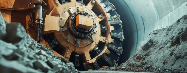 Industrial tunnel boring machine digging through rock