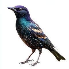 A bird with blue and black feathers stands on a white background