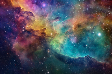 Wall Mural - A vibrant cosmic scene showcasing colorful nebulae and stars, illustrating the beauty of the universe.