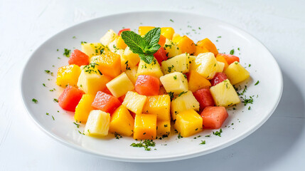 A plate of fruit salad with a mint leaf on top. The salad is colorful and fresh, with a variety of fruits including watermelon, pineapple, and cantaloupe. The mint leaf adds a touch of freshness