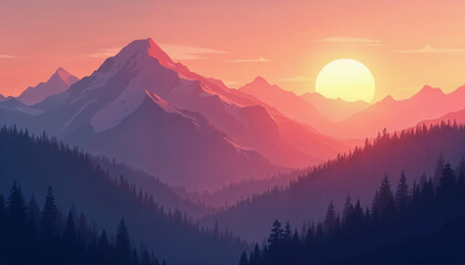 Poster - A mountain range at sunset, with vibrant orange and purple hues and gentle shadows creating a tranquil, breathtaking scene.







