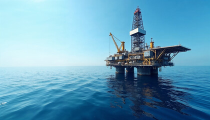 Wall Mural - An oil rig platform stands prominently against the vast ocean, showcasing its structure and machinery with endless blue waters and sky in the background.