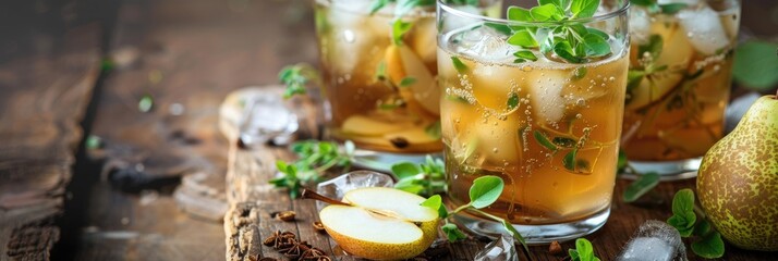 Canvas Print - Refreshing cocktail featuring pear ice and herbs presented on a table, ideal for a warm summer day; a delightful iced tea blend with a hint of pear sangria.