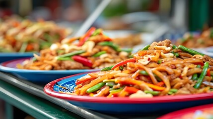 Wall Mural - Closeup of Plates with Stir-fried Noodles, Cashews, Peppers, and Green Beans