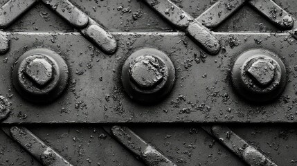 Close-up of three rusty bolts holding together a metal plate with a diamond pattern.