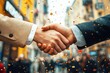 © Worrapol - Golden Handshake on Celebration Street: Sealing the deal amidst a shower of confetti, two businessmen shake hands in a vibrant cityscape, symbolizing successful partnerships and urban triumph.
