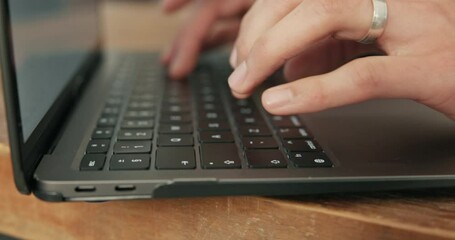 Poster - Man, laptop or hands of freelancer typing in home on internet for travel, remote work or networking. Research, closeup or digital nomad on technology for freelancing, online or blog for publication