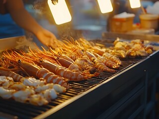 Wall Mural - Grilled Shrimps at a Night Market