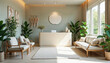 © abu - A peaceful reception area with elegant seating, greenery, and calming decor in a wellness clinic.