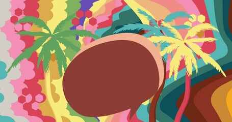 Wall Mural - Retro 70s Background animation with Palm Tree with Speech Bubble. Groovy Tropical 1970s art video. Minimalistic Vintage design, old-fashioned color artwork.