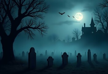 A spooky Halloween scene of a foggy graveyard at night, with a full moon casting a dim glow.