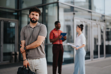 Confident young professional standing outside modern office building, with colleagues interacting in the background. Concept of teamwork, business, and modern workplace.