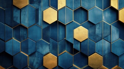 Poster - A blue and gold hexagonal patterned wall. The blue and gold colors create a sense of luxury and sophistication