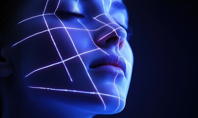 Poster - A woman's face is shown in a blue light with a grid pattern. Concept of technology and futuristic design