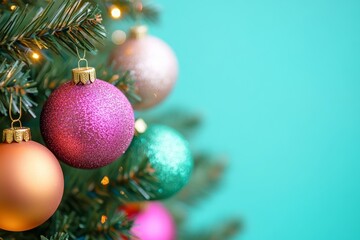 Wall Mural - christmas tree decorated. a vibrant christmas tree adorned with multicolored lights and baubles, glo