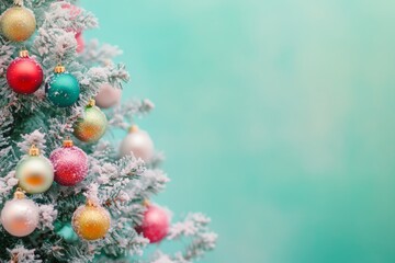 Christmas tree decorated. A vibrant Christmas tree adorned with multicolored lights and baubles, glowing against a soft green background