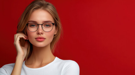 Wall Mural - A confident woman with glasses and a white shirt poses against a vibrant red background, exuding calm and sophistication.