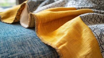 Wall Mural - Close-up of Yellow Fabric with Fringe Detail on a Blue Surface