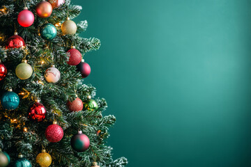 Christmas tree decorated. A vibrant Christmas tree adorned with multicolored lights and baubles, glowing against a soft green background