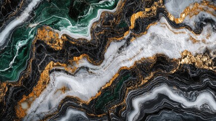 Wall Mural - Abstract background with white, black, green, and gold marble swirls.