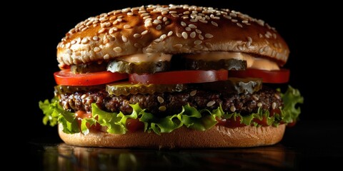 Poster - A round sandwich containing ground meat, vegetables, cheese, pickles, and sauces.