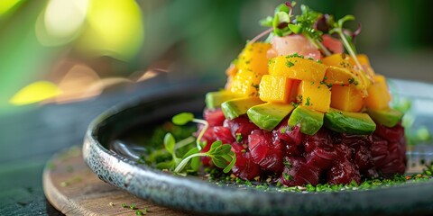 Wall Mural - Tricolor Tartare Featuring Avocado, Mango, and Beet with a Focused Perspective