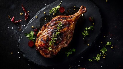 Roasted Turkey Leg on Black Slate Plate with Herbs and Spices