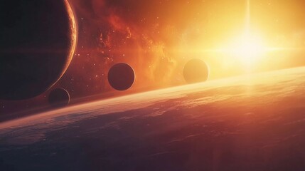 Sunrise over group of planets in rising space