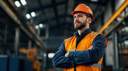 Wall Mural - A bearded construction worker in an orange safety vest and helmet stands confidently with crossed arms in a large factory.