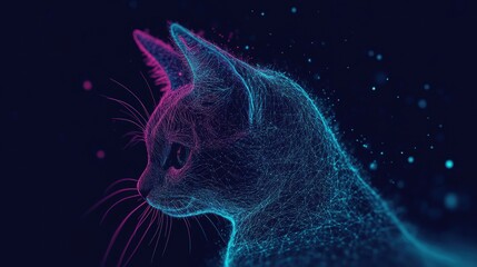 Poster - Neon light waves wrap around a cute cat outline, blending vibrant colors in a mesmerizing dark environment that enchants the viewer
