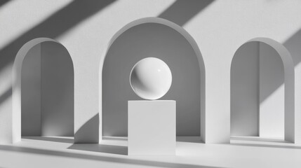 Poster - A glossy sphere rests atop a white pedestal, surrounded by arched niches, while soft shadows create a serene atmosphere