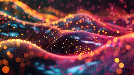Fototapete - Colorful digital waves undulate, shimmering with tiny glowing dots that create an energetic and captivating visual display