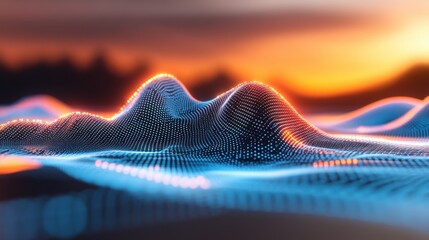 Fototapete - A vibrant abstract digital data grid flows elegantly, reflecting warm evening light as it forms soft, undulating waves across the surface