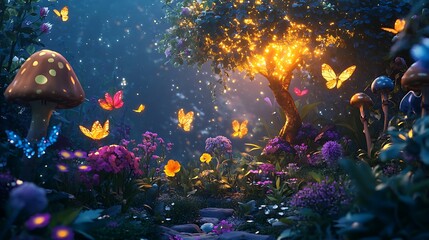 Canvas Print - Magical Forest Night with Glowing Tree  Butterflies  and Mushrooms