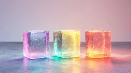 Poster - Colorful geometric glass blocks emit a neon glow, creating a striking visual effect on a clean surface in low light