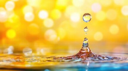 Poster - Water droplets create stunning abstract fluid motions, glistening against a vibrant yellow backdrop filled with bokeh highlights