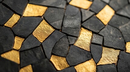 Poster - The surface features a captivating black and gold mosaic tile pattern with varied shapes and arrangements that exudes sophistication
