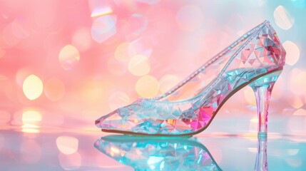 Poster - The crystal glass shoe glistens on a reflective pink surface, capturing the light and creating enchanting reflections and colors